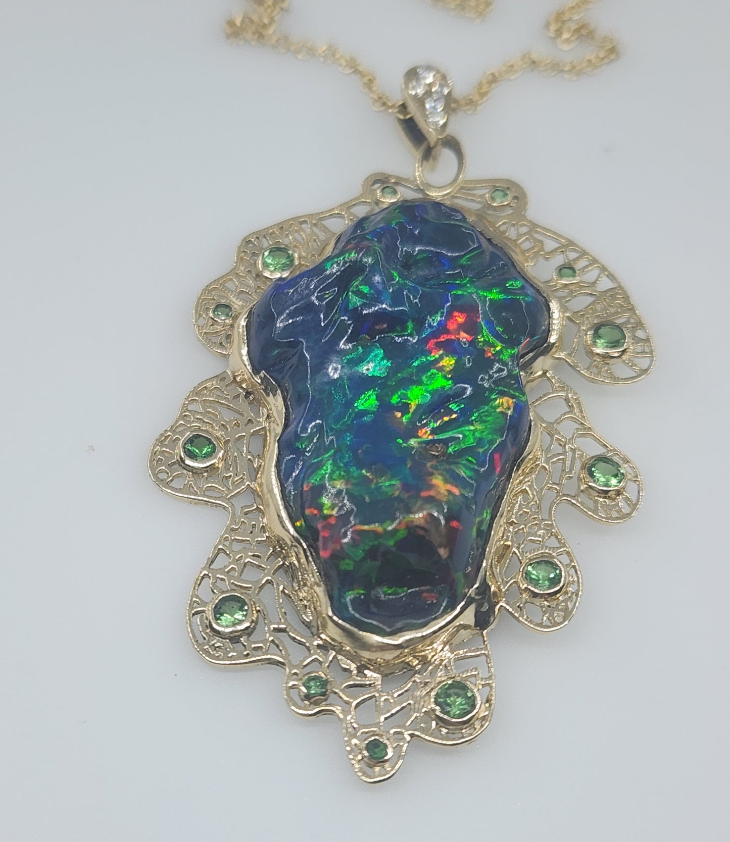 Carved Black Opal Oak Leaf Pendant 14k Gold Necklace #524