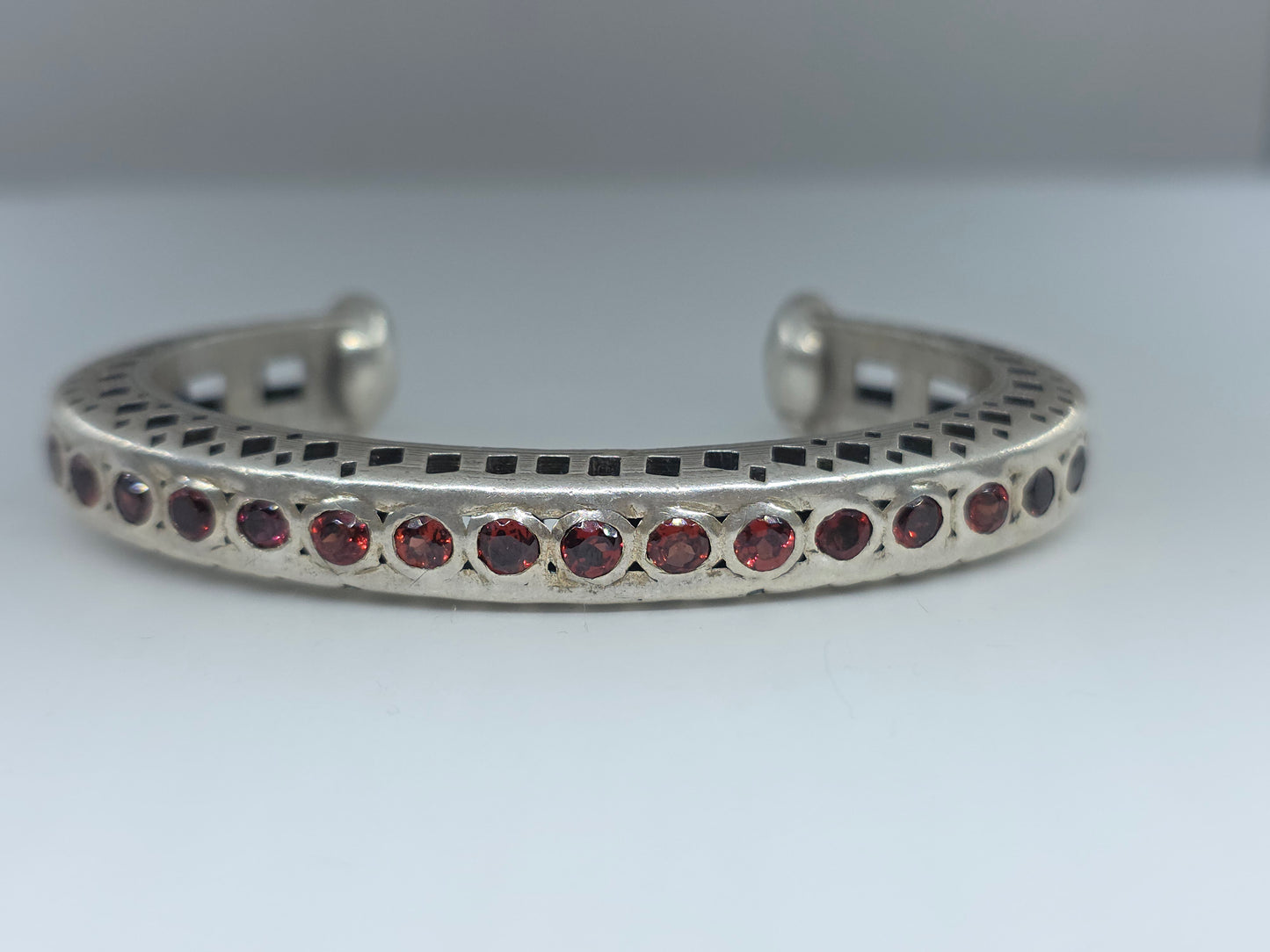 Rustic Sterling Silver Red Garnet Gemstone Cuff Bracelet #604