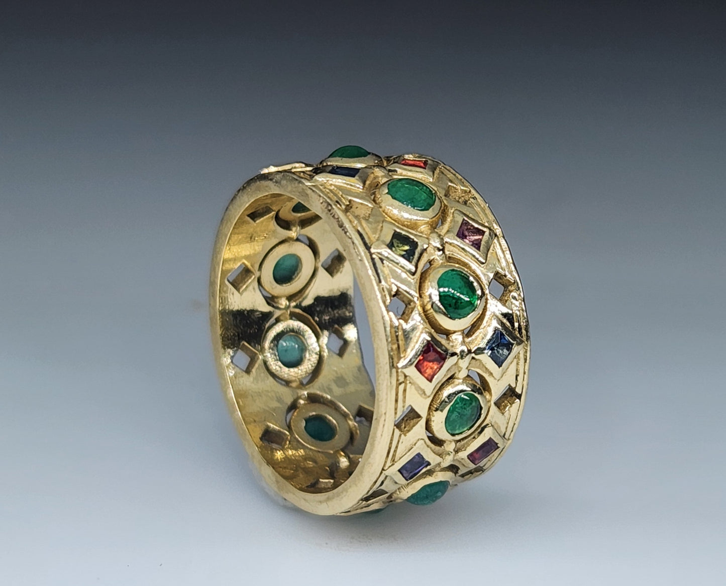 14k Yellow Gold Emerald & Sapphire Gemstone Ring Band #444