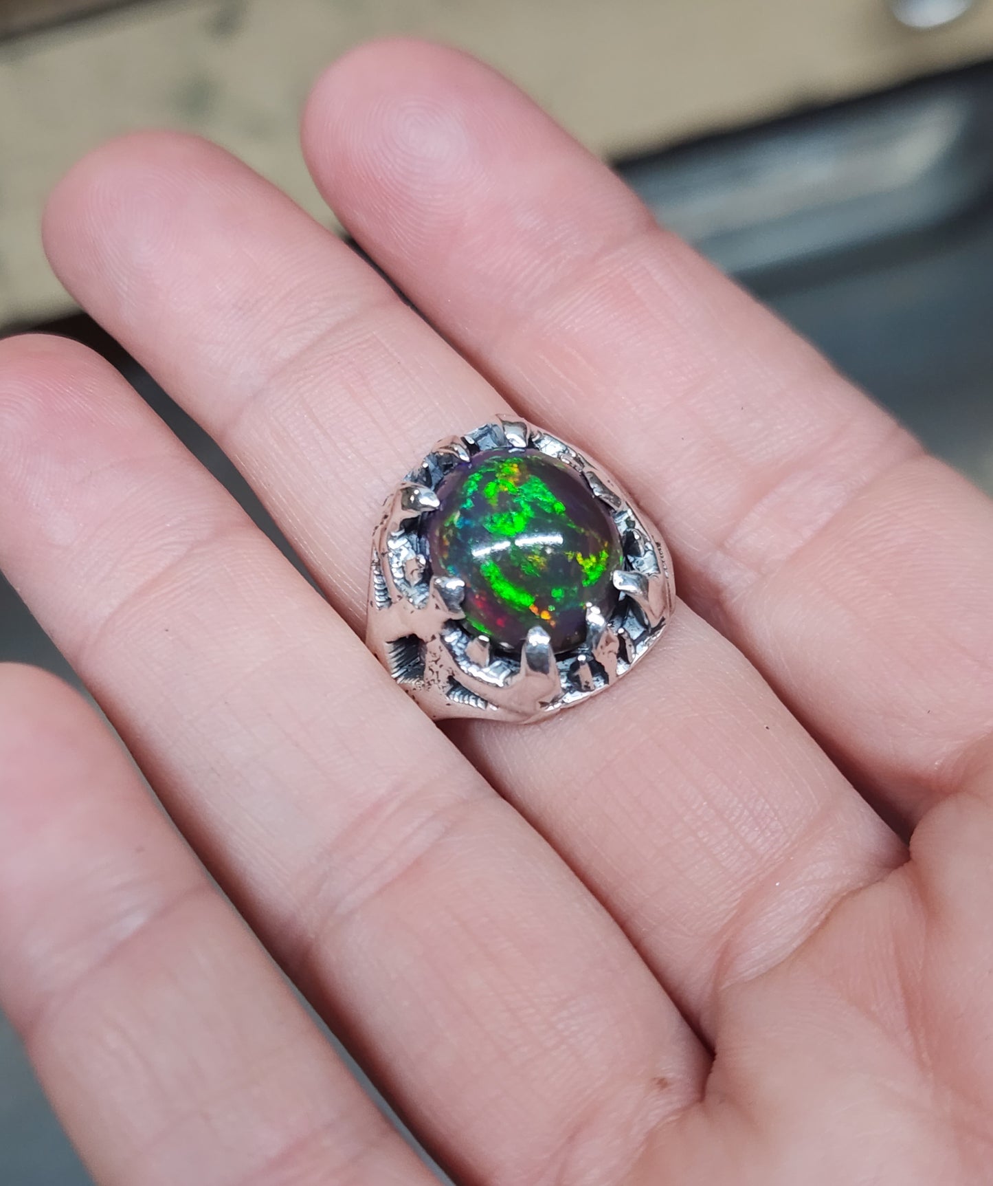 Opal Rustic Sterling Silver & Gold Ring #589