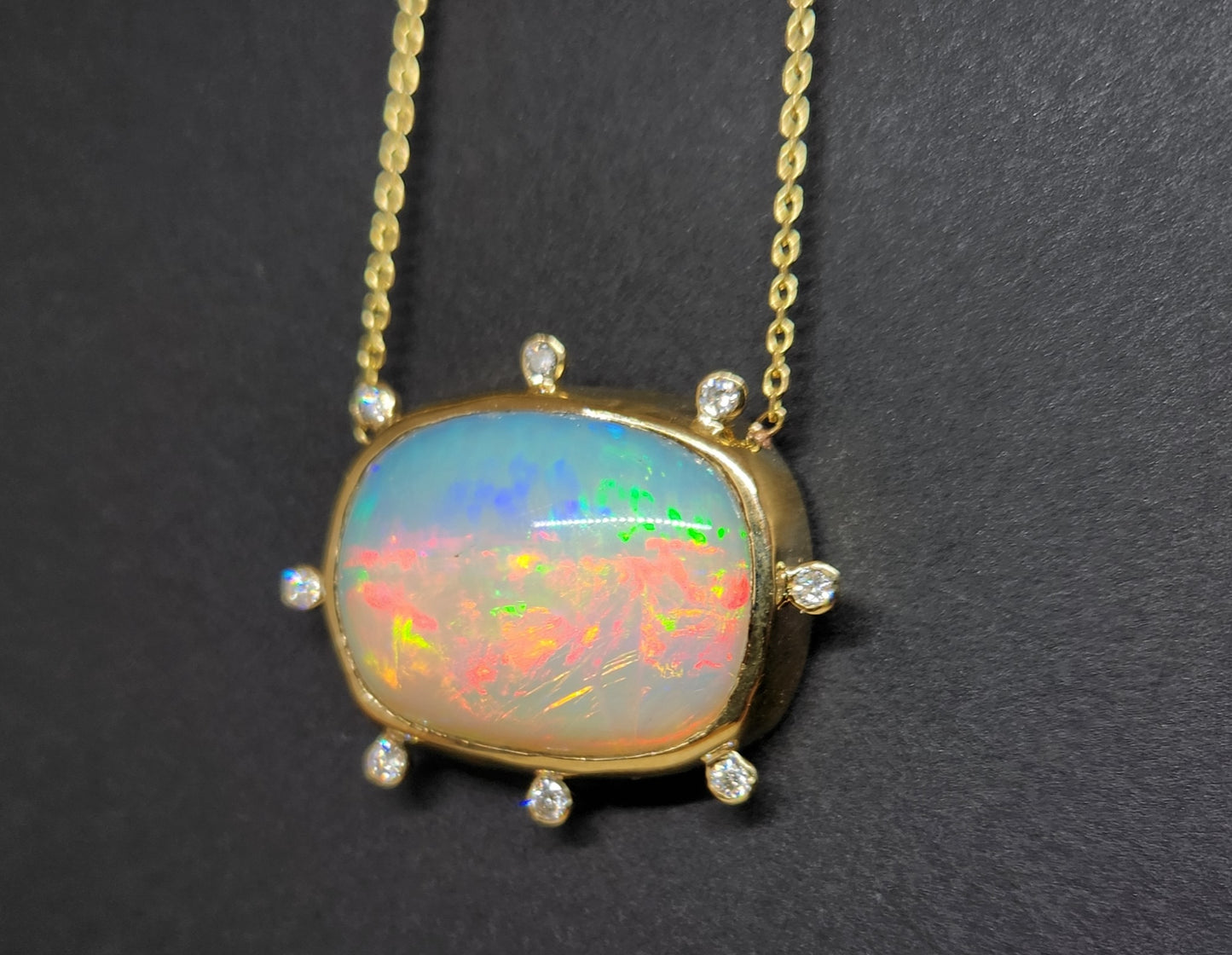 Opal & Diamond Pendant 14k Yellow Gold Split Chain Necklace #438