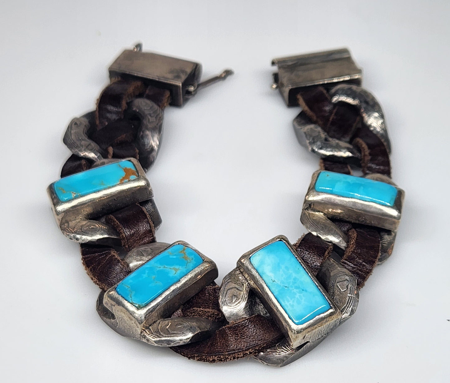 Rustic Silver & Leather Turquoise Gemstone Link Bracelet #459