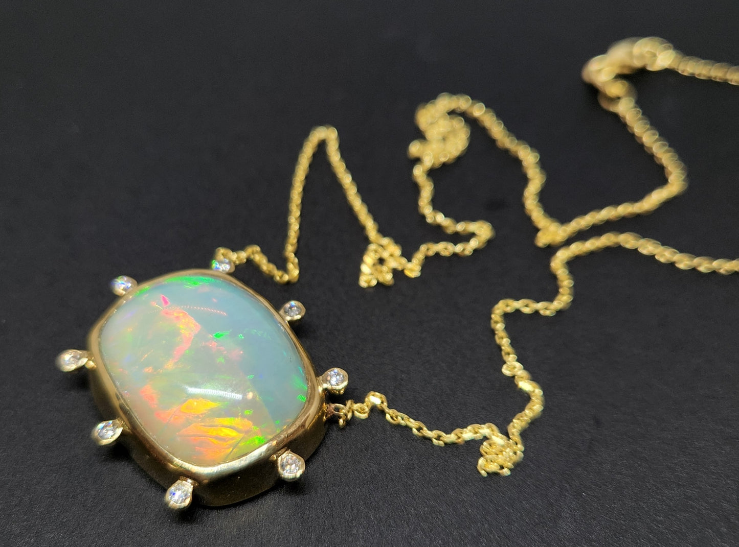 Opal & Diamond Pendant 14k Yellow Gold Split Chain Necklace #438