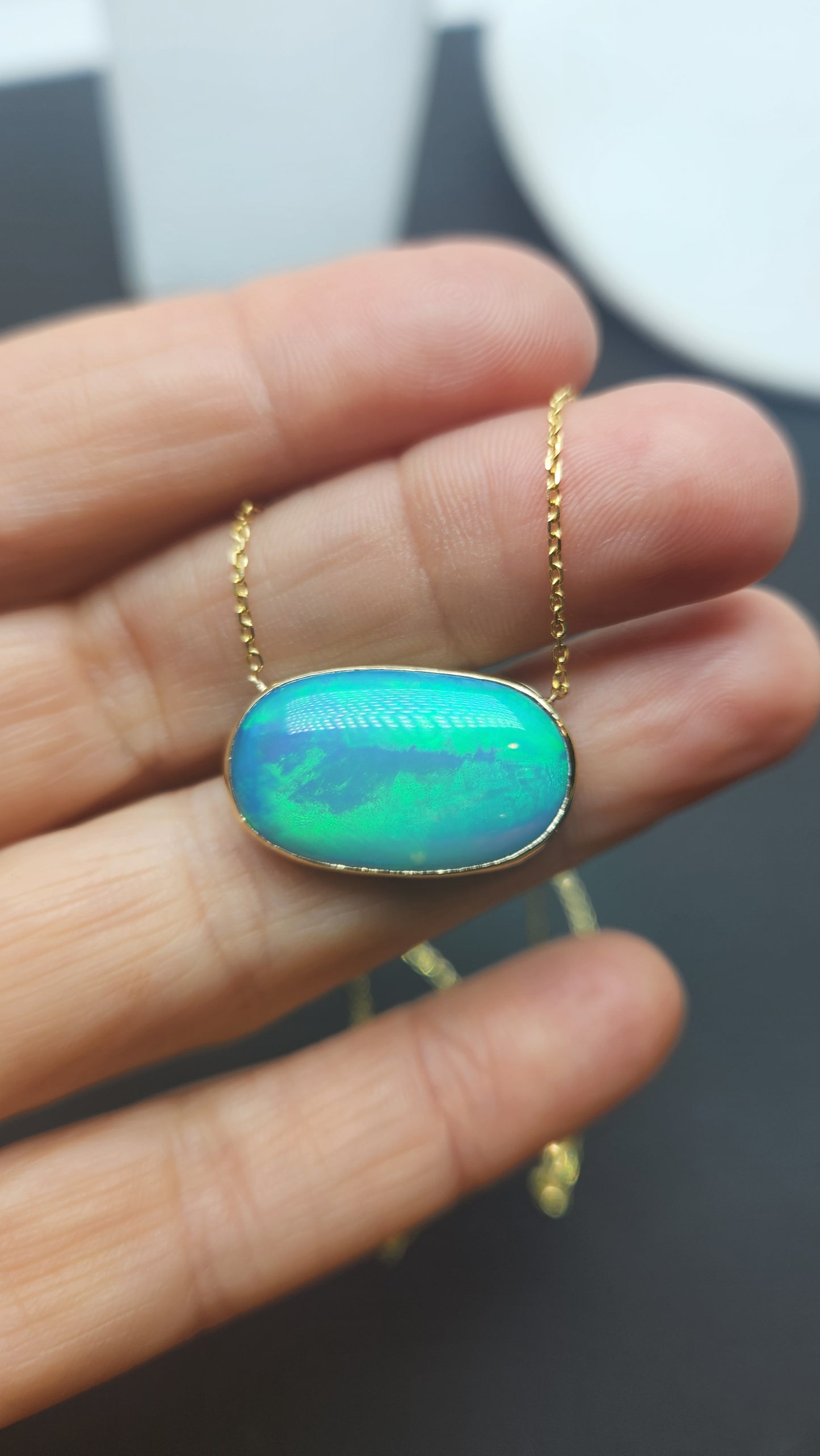 Blue Opal Pendant 14k Yellow Gold Split Chain Necklace #453