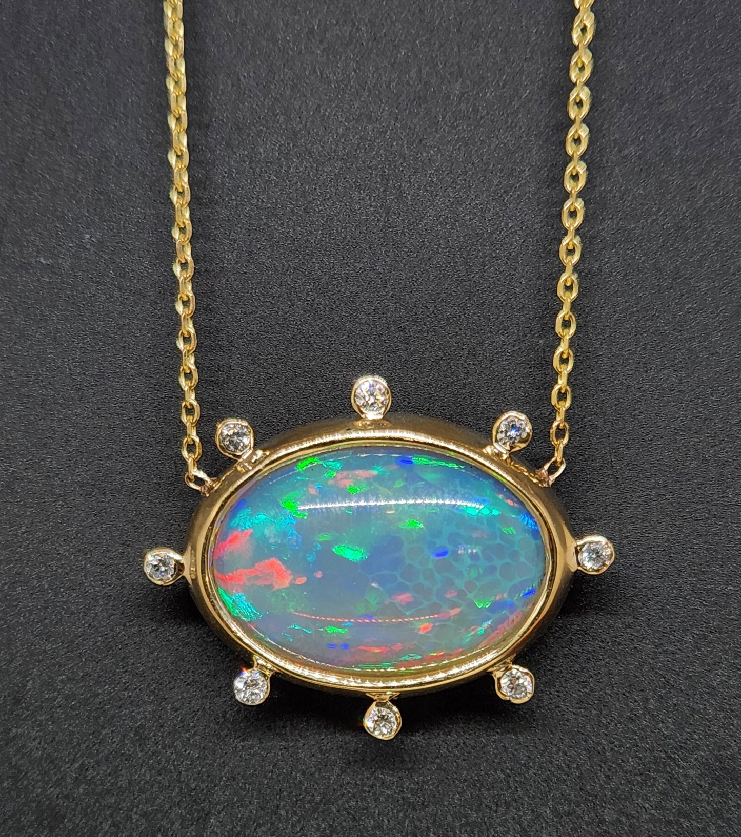 Opal & Diamond Pendant 14k Yellow Gold Split Chain Necklace #437