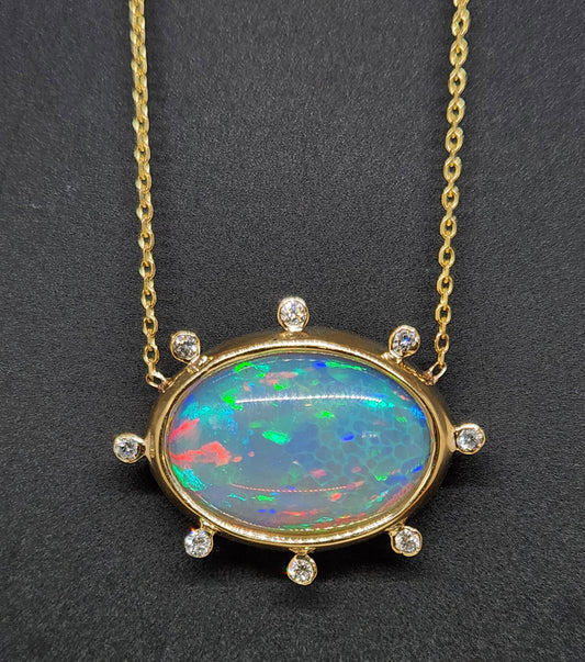 Opal & Diamond Pendant 14k Yellow Gold Split Chain Necklace #437