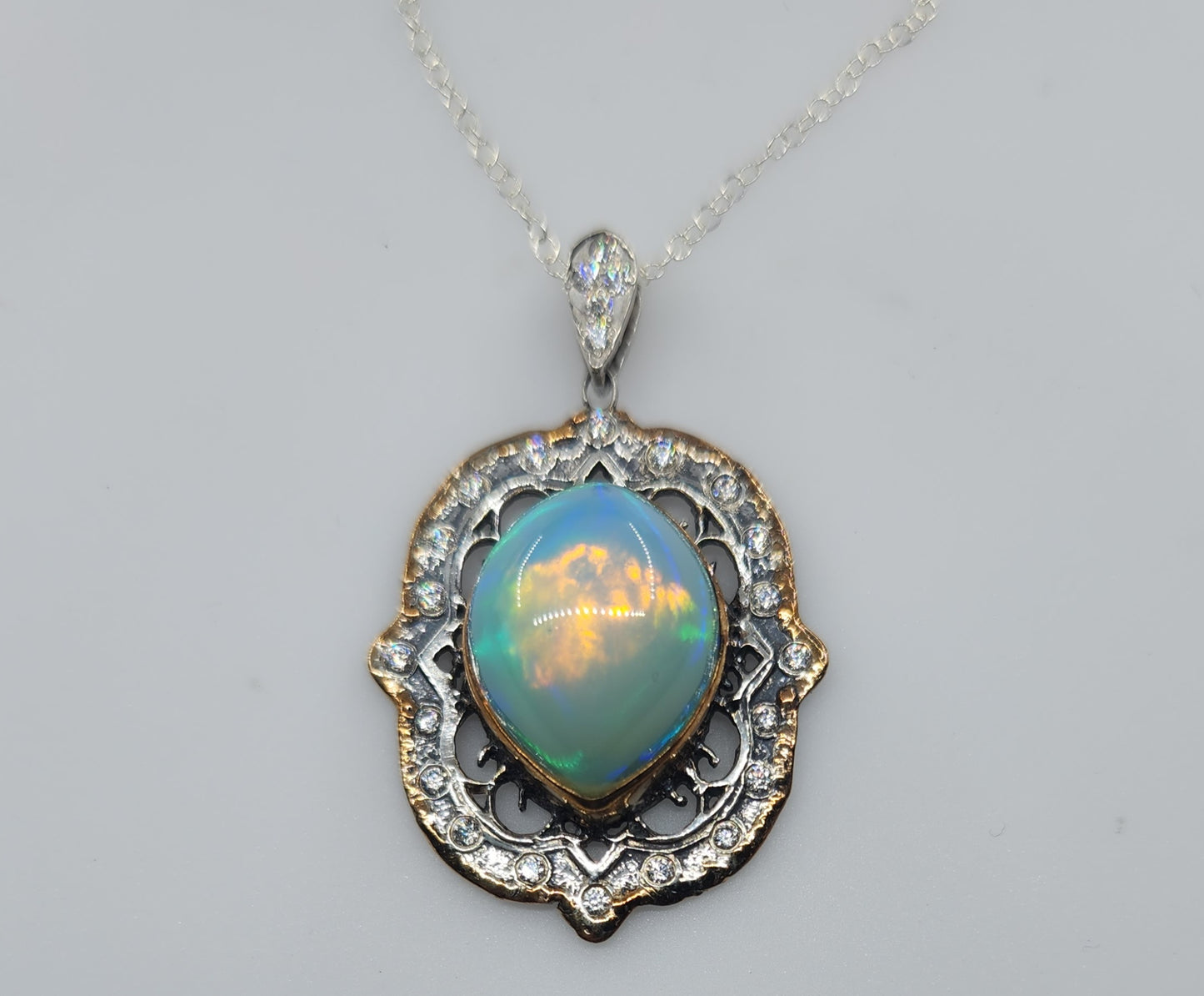 Rustic Sterling Silver & 14k Gold Opal Pendant #486