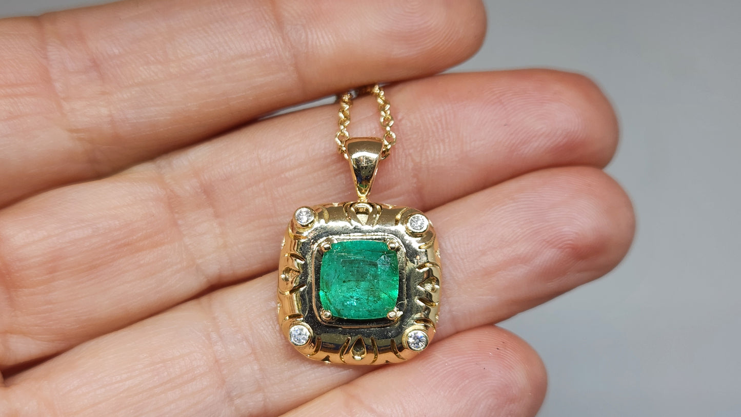 Emerald & Diamond Pendant - 14k Gold #448