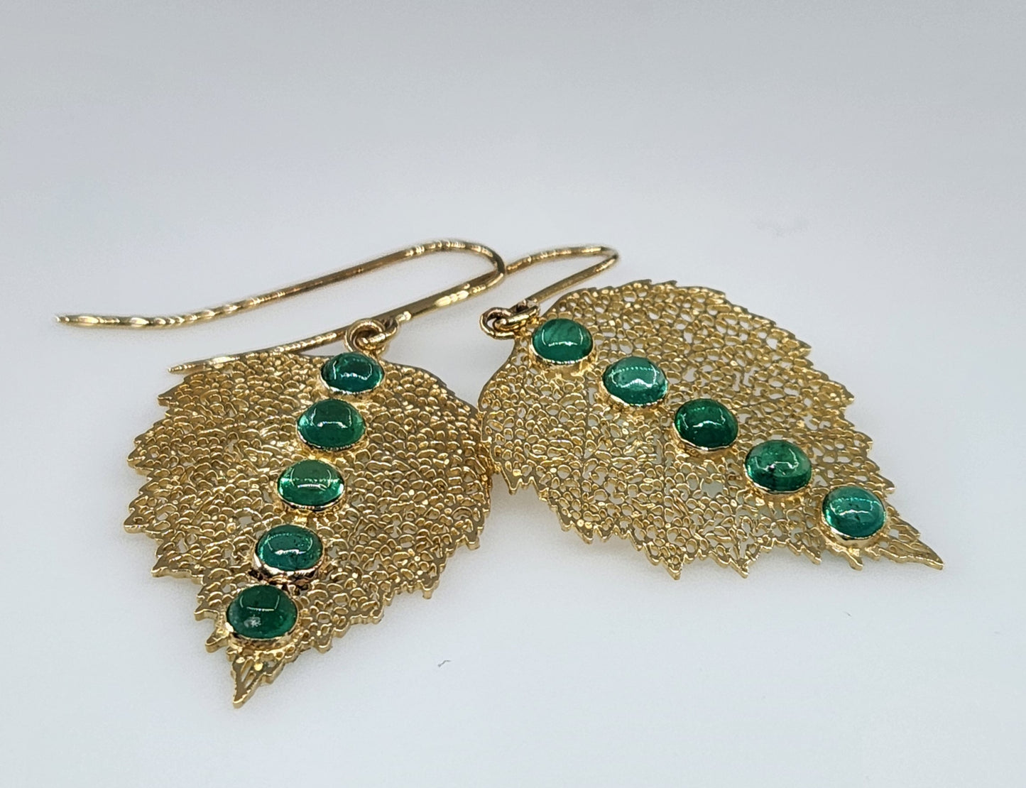Emerald Leaf Earrings 14k Gold Gemstone Jewelry #463