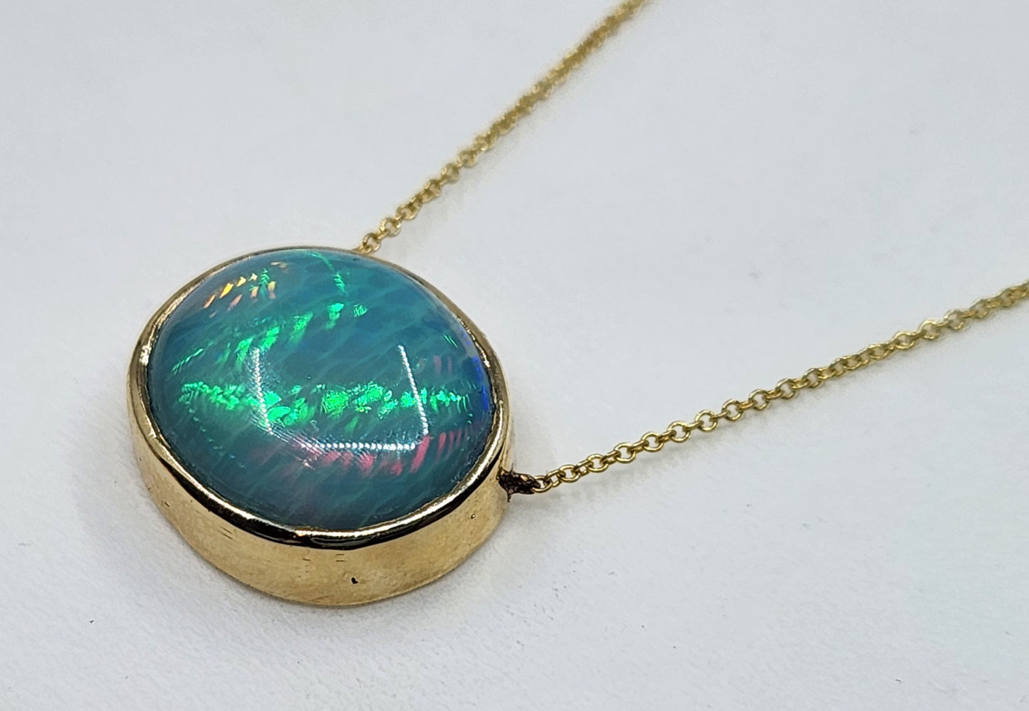 Blue Opal Pendant 14k Yellow Gold Split Chain Necklace #470
