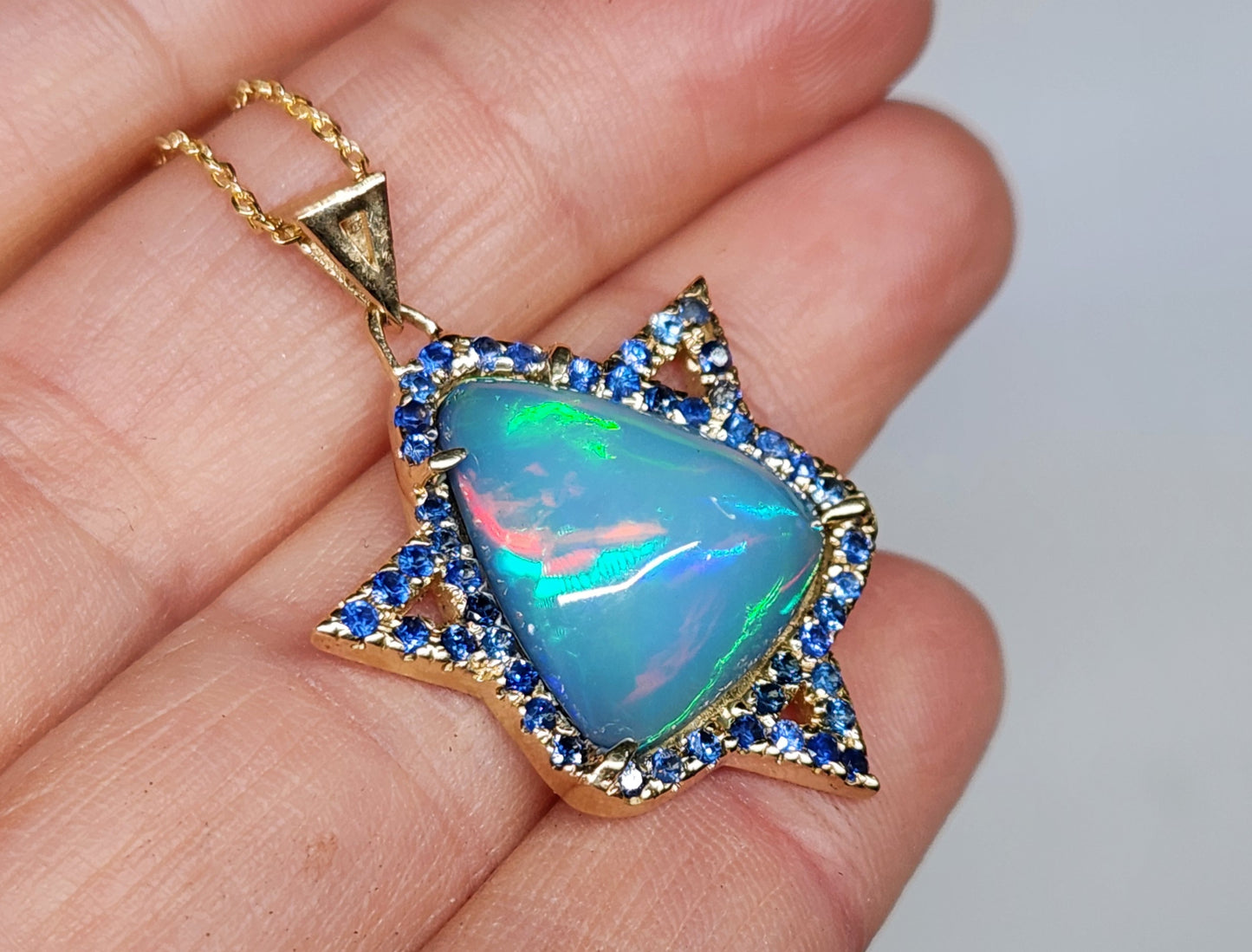 Opal & Sapphire Star of David Pendant 14k Gold #450