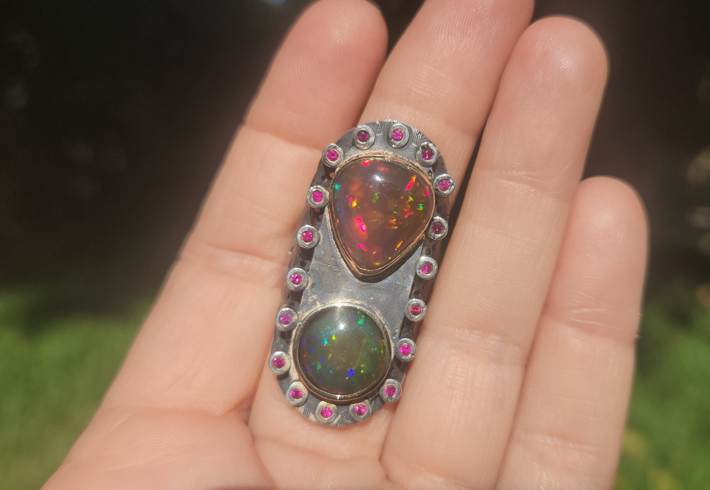 Black Opal & Ruby Rustic Sterling Silver & Gold Ring #523