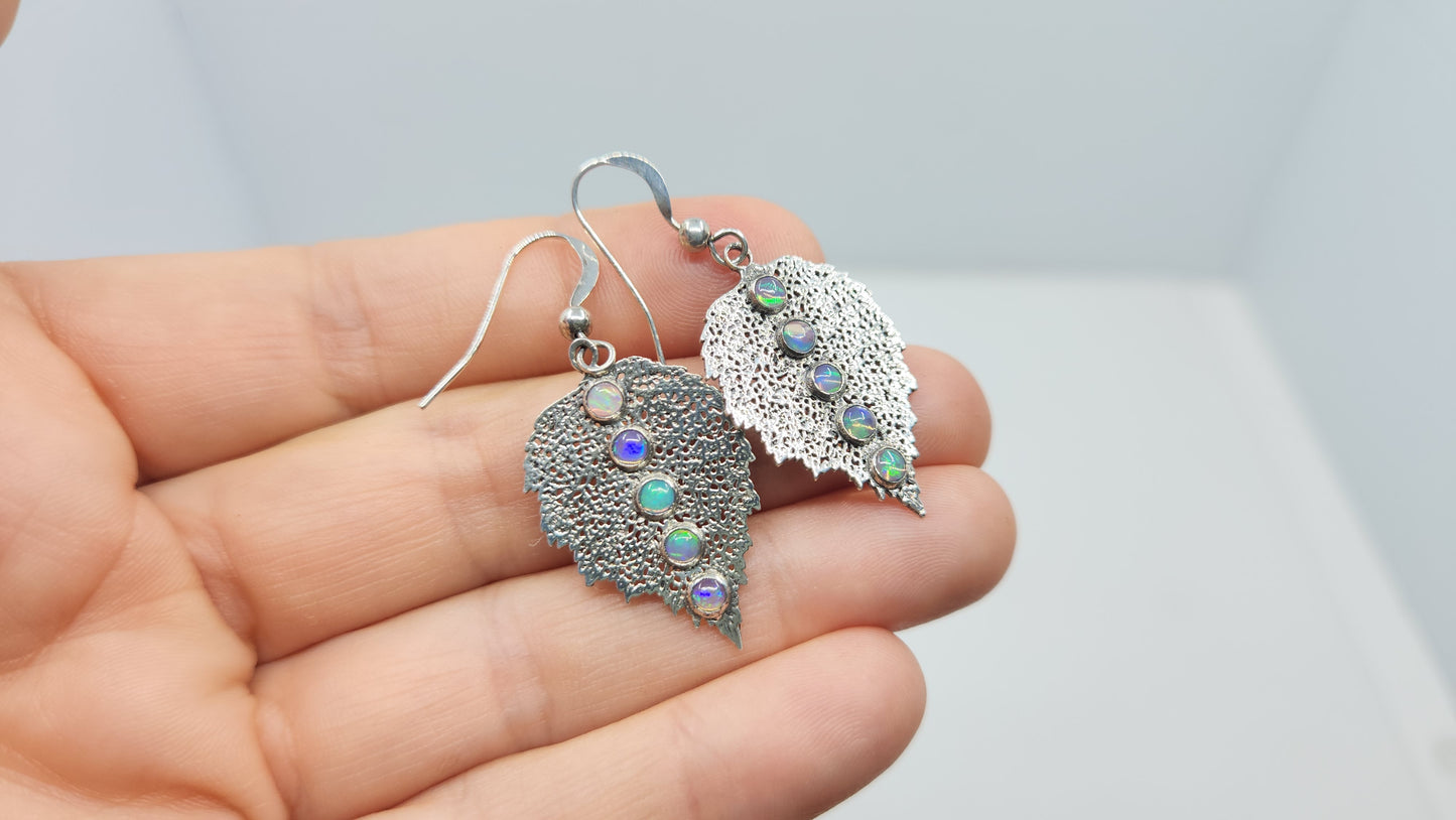 Natural Opal Leaf Earrings Sterling Silver Gemstone Jewelry #498