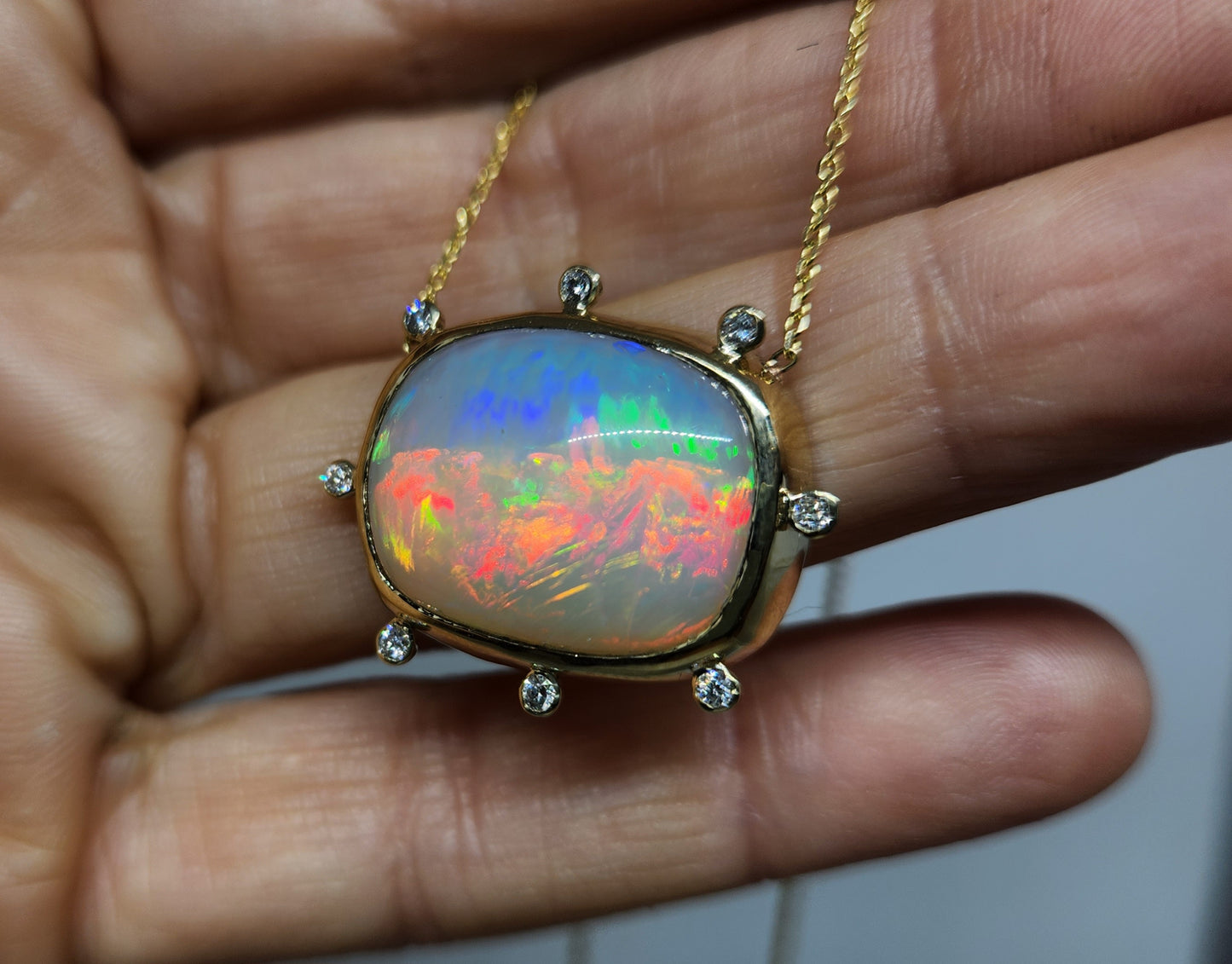 Opal & Diamond Pendant 14k Yellow Gold Split Chain Necklace #438