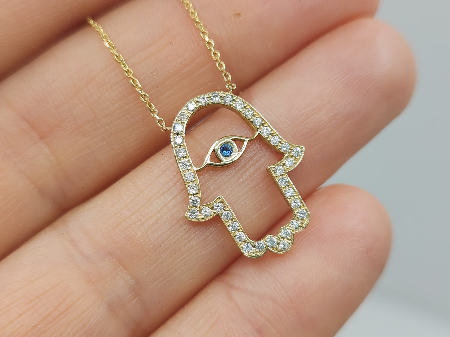 14k Gold Hamsa Evil Eye Diamond Pendant #485