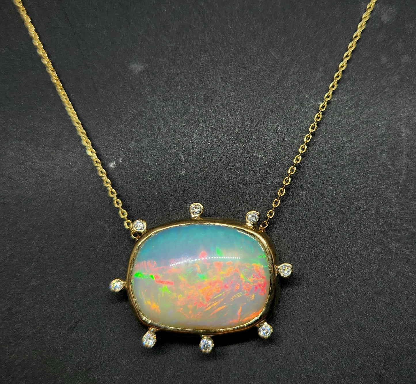 Opal & Diamond Pendant 14k Yellow Gold Split Chain Necklace #438