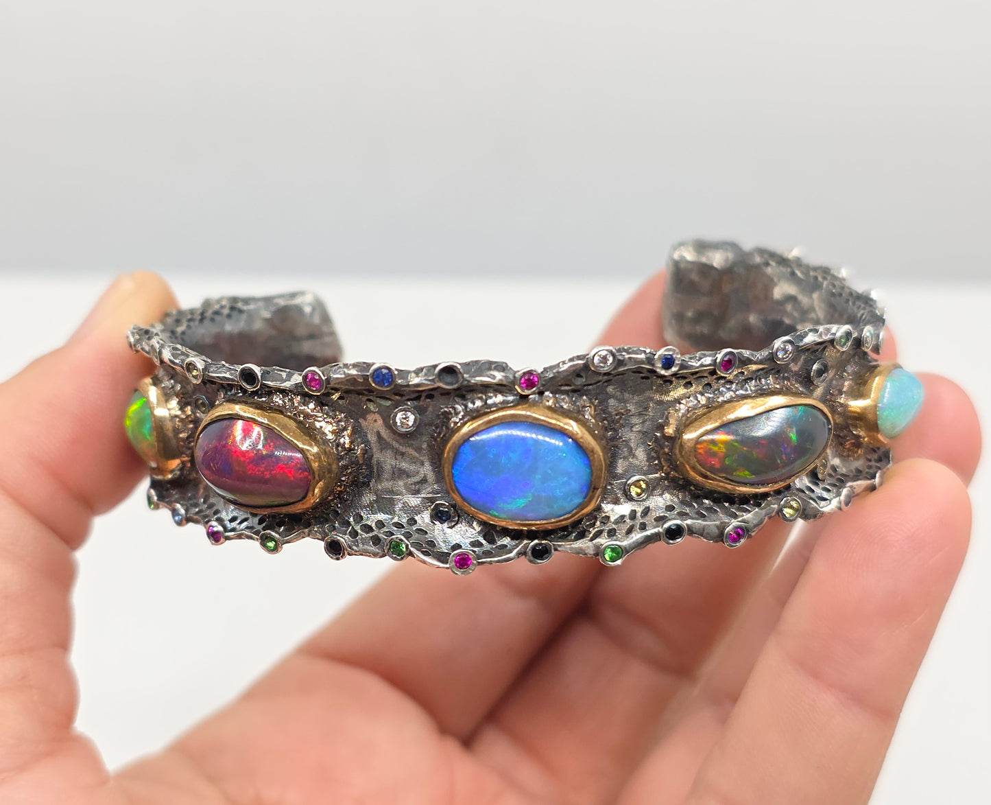 Rustic Silver & Gold Opal Gemstone Cuff Bracelet #601