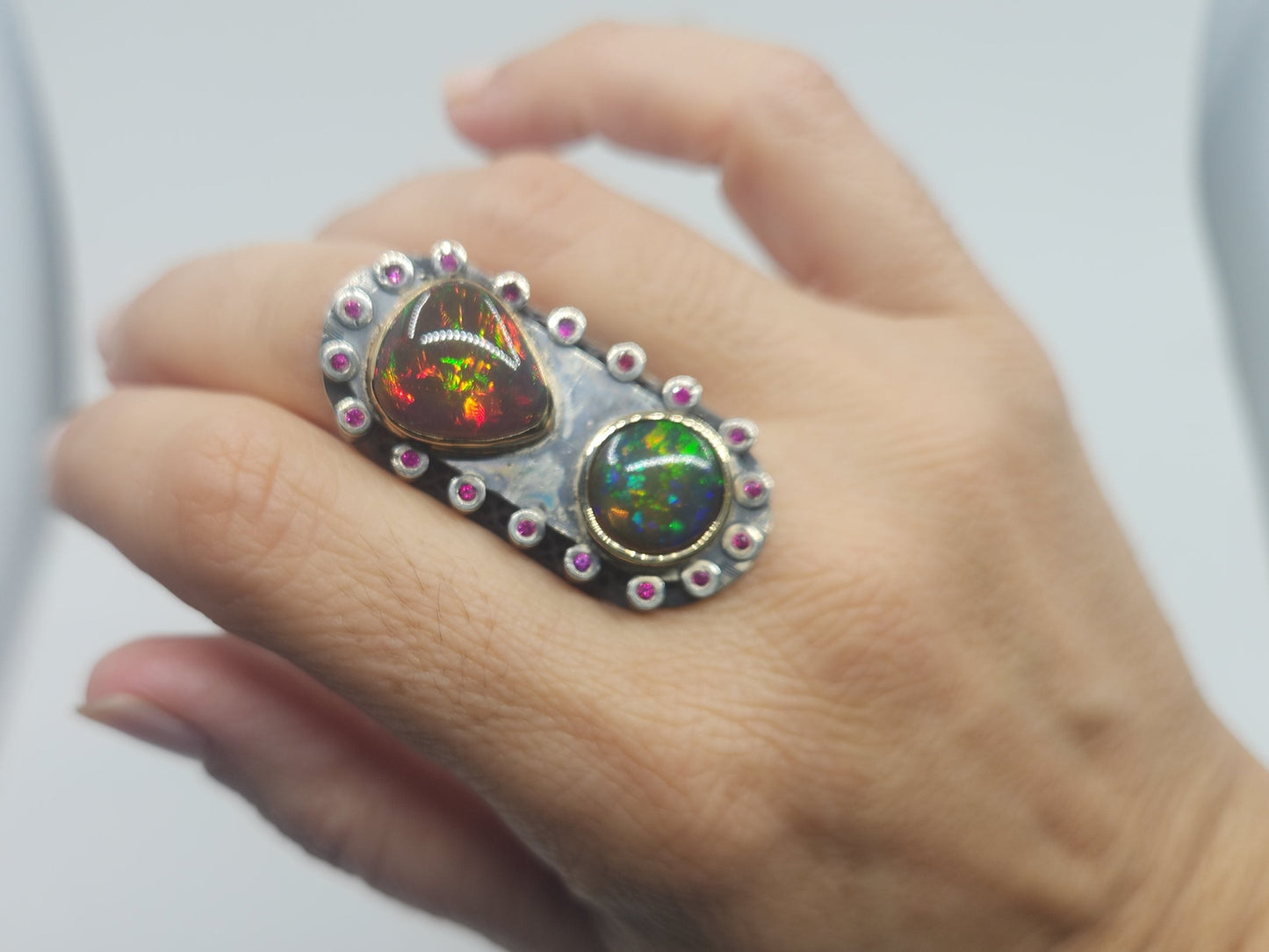 Black Opal & Ruby Rustic Sterling Silver & Gold Ring #523