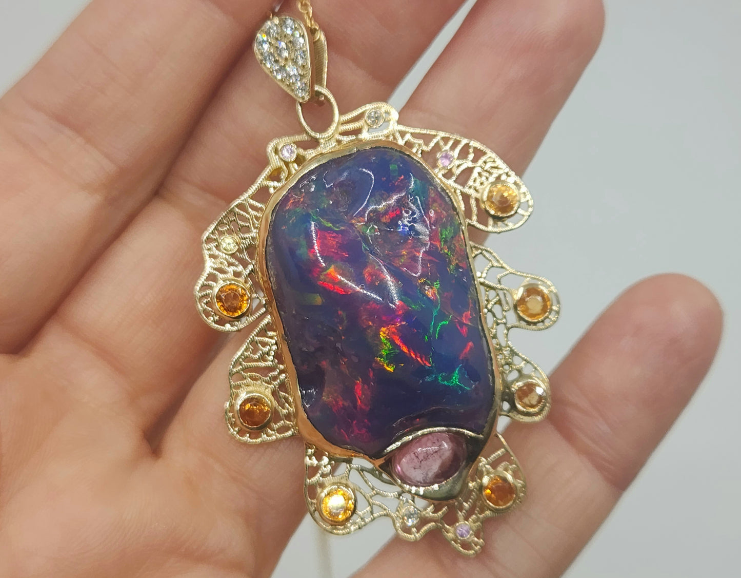 Carved Black Opal Oak Leaf Pendant 14k Gold Necklace #525