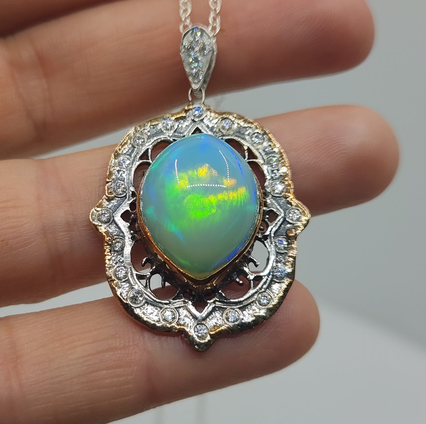 Rustic Sterling Silver & 14k Gold Opal Pendant #486