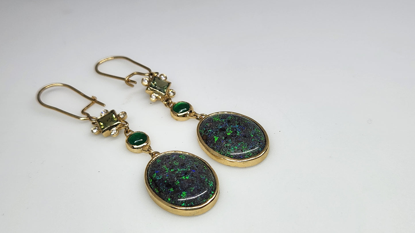 Black Opal & Emerald Earrings 14k Gold #447