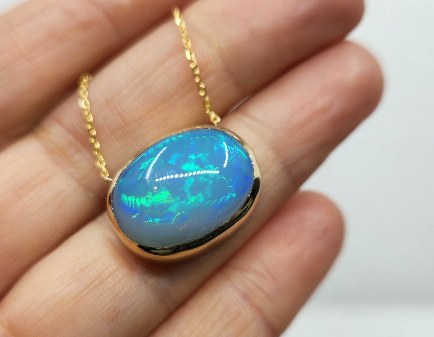 Blue Opal Pendant 14k Yellow Gold Split Chain Necklace #469