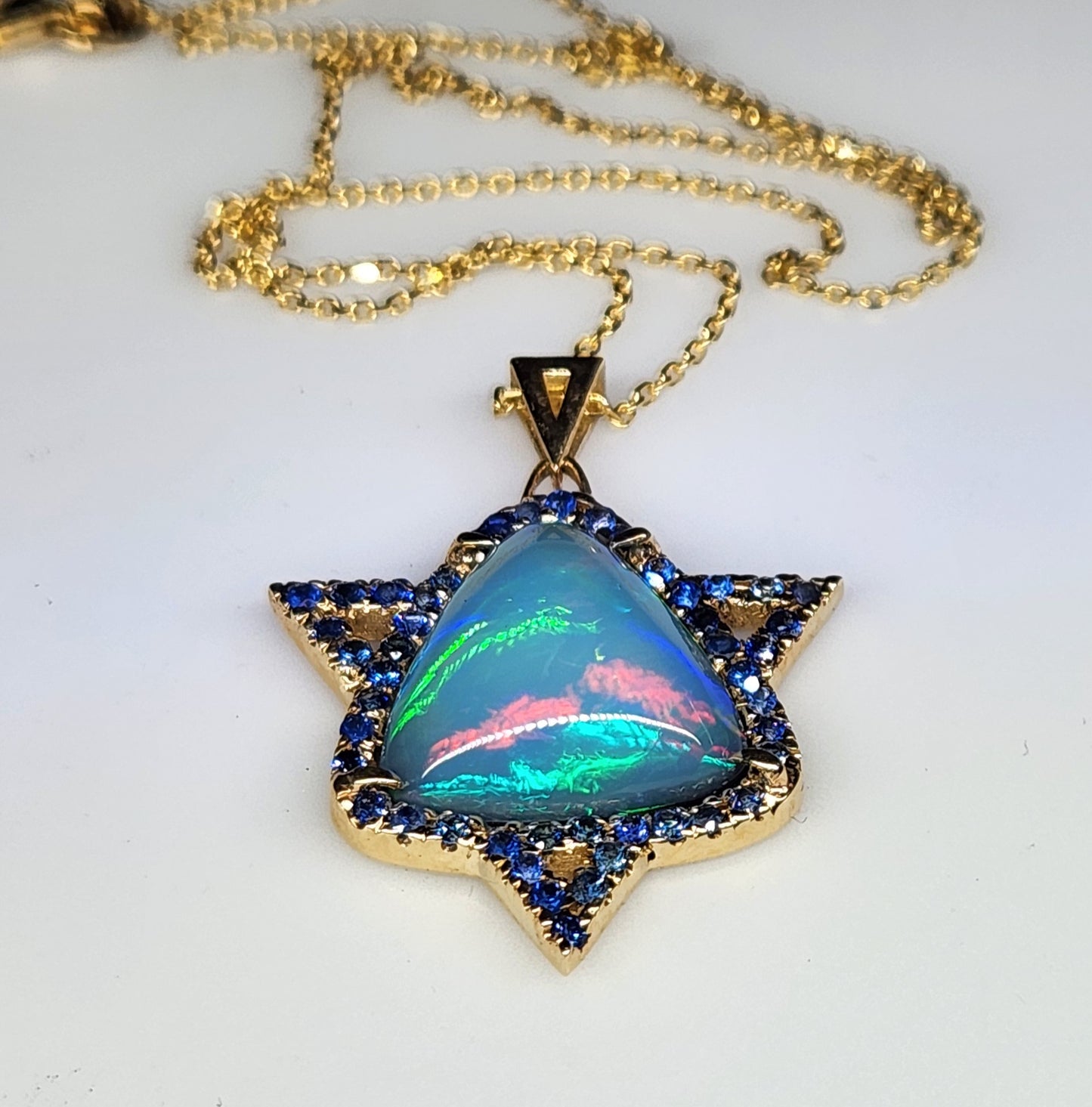 Opal & Sapphire Star of David Pendant 14k Gold #450