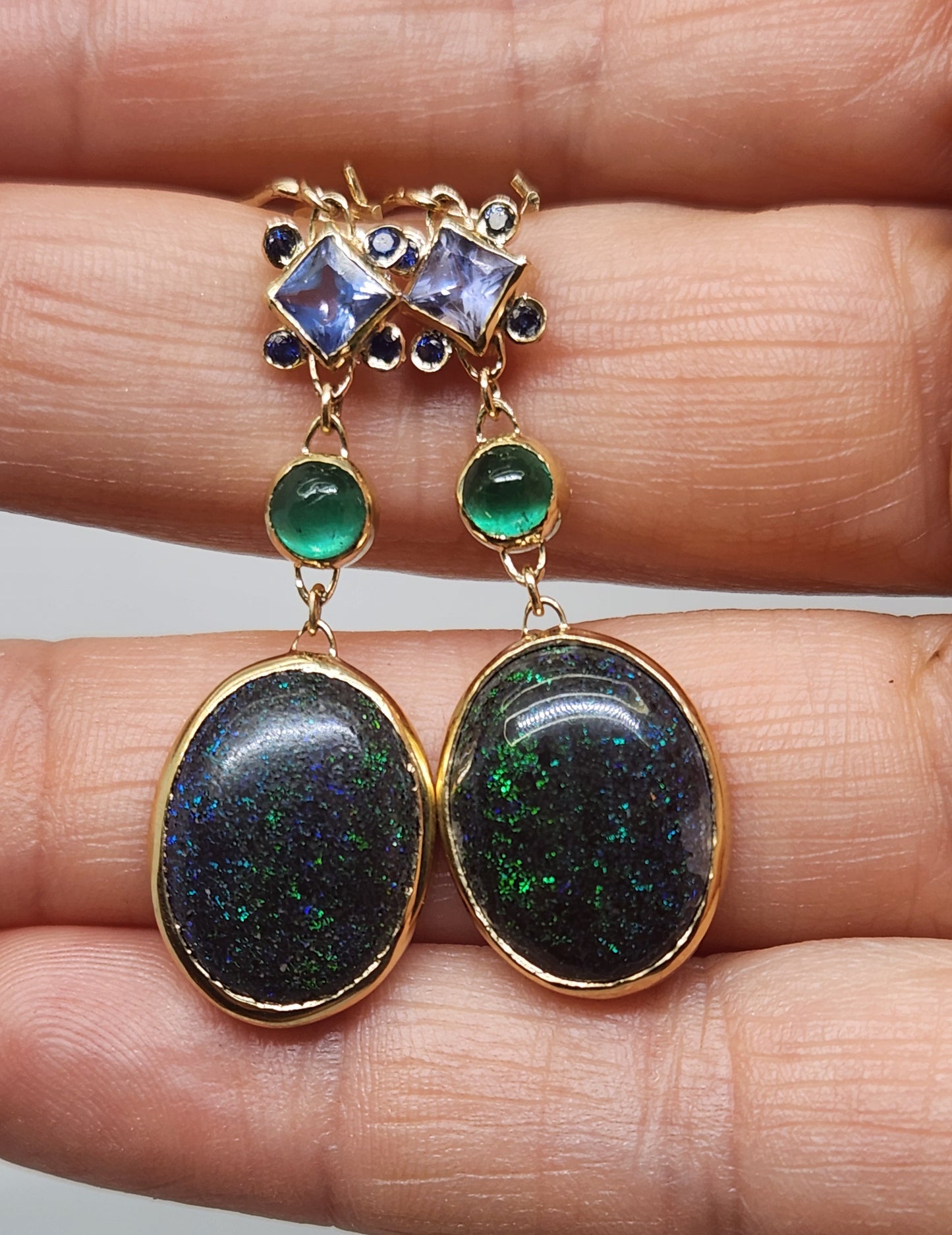 Opal & Emerald Earrings 14k Gold #446
