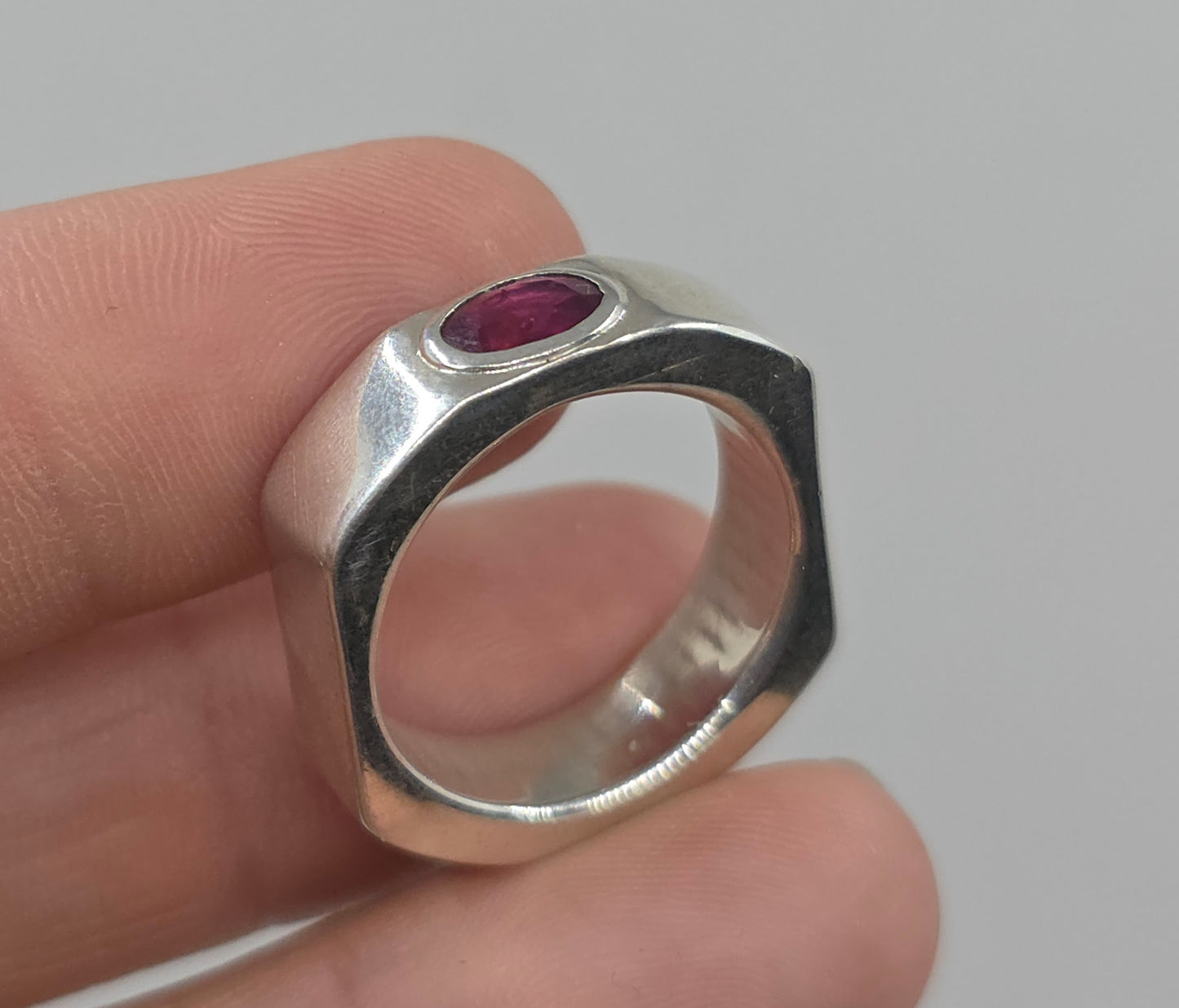 Sterling Silver Ruby Ring - Wide Solid Band - Unisex design #605