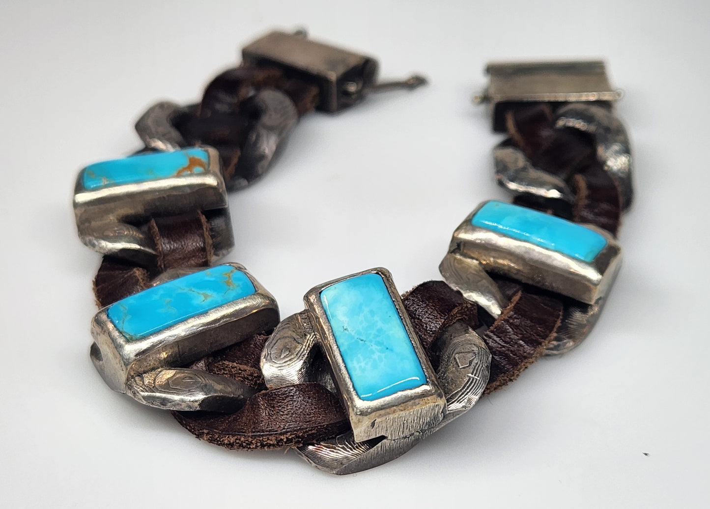 Rustic Silver & Leather Turquoise Gemstone Link Bracelet #459