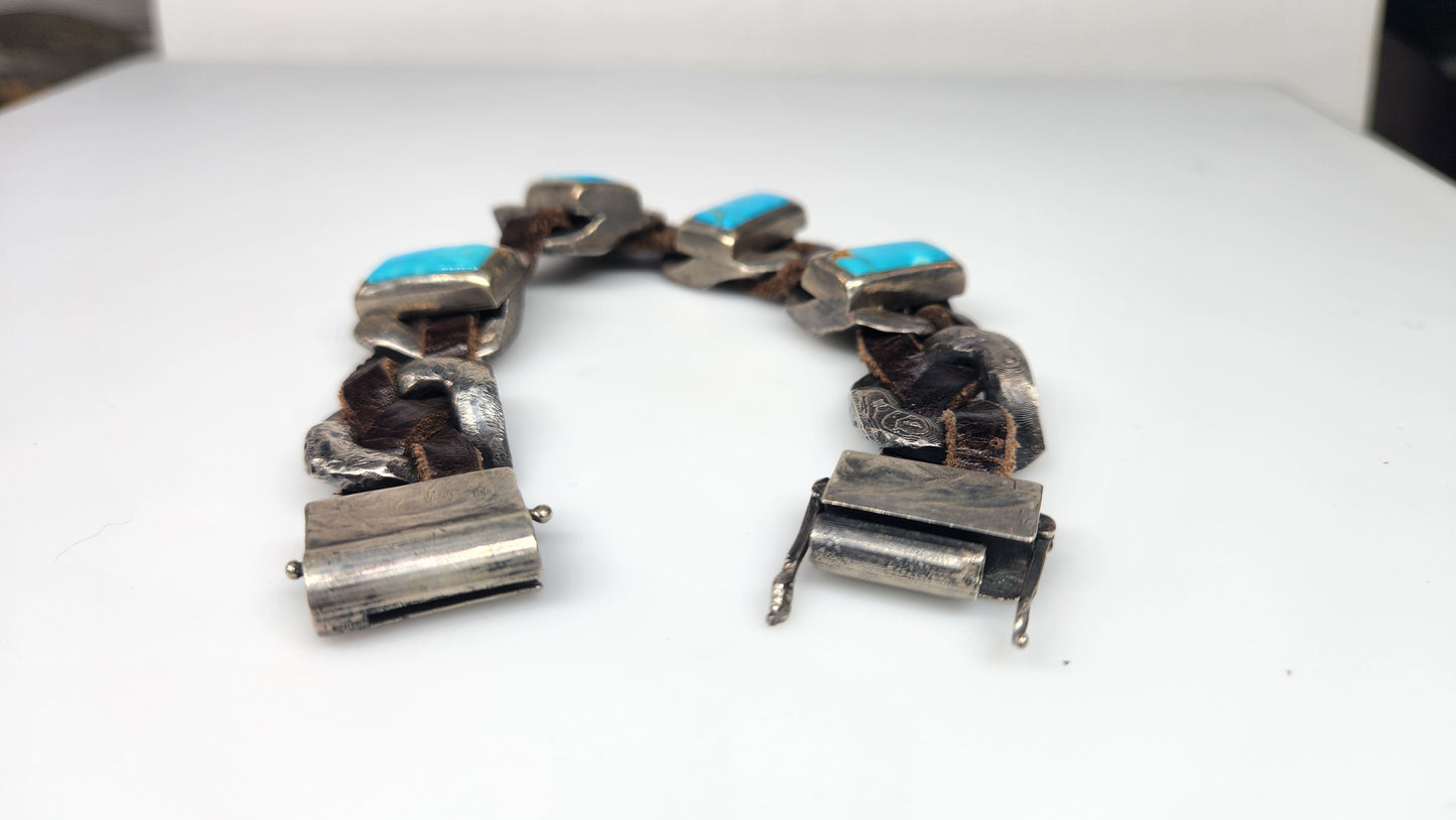 Rustic Silver & Leather Turquoise Gemstone Link Bracelet #459