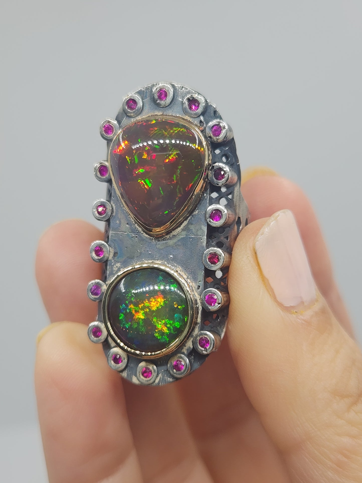 Black Opal & Ruby Rustic Sterling Silver & Gold Ring #523