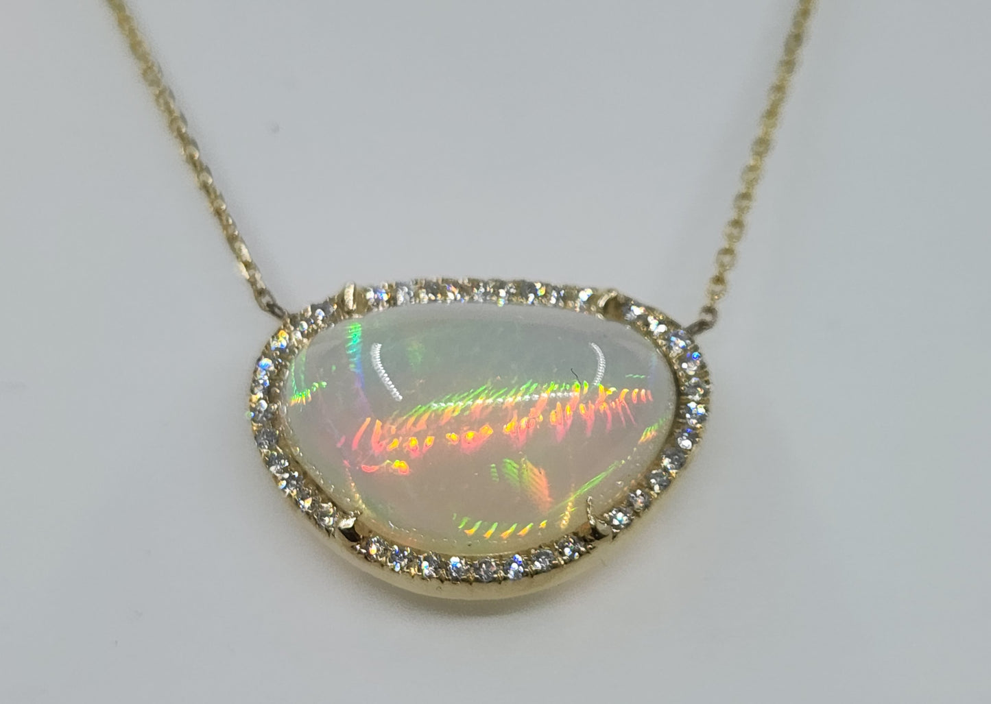 Opal & Diamond Pendant 14k Yellow Gold Split Chain Necklace #475