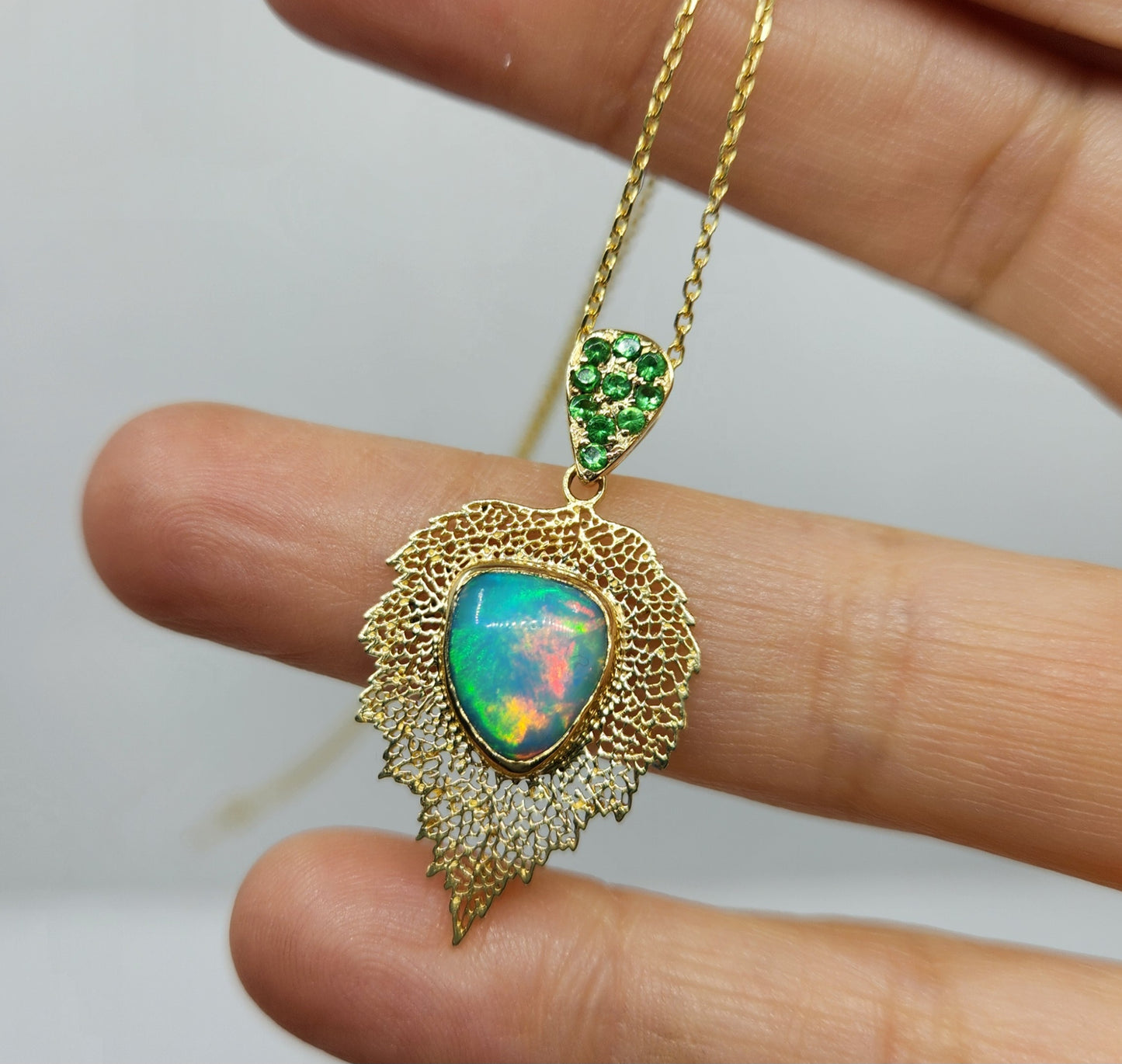 Opal Leaf Pendant 14k Gold Necklace #465