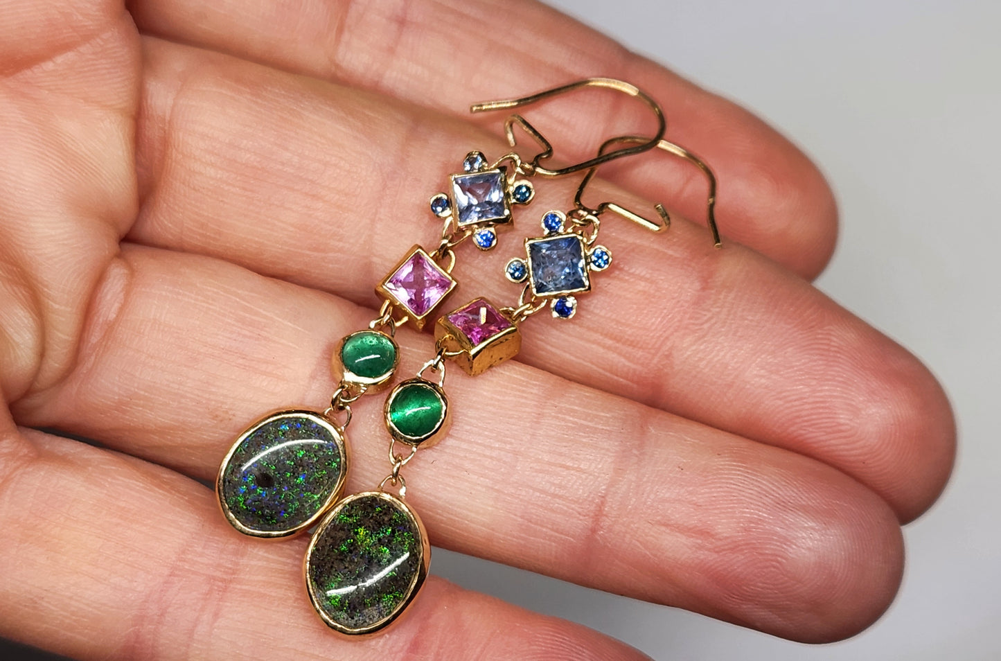 Black Opal & Sapphire Earrings 14k Gold #451