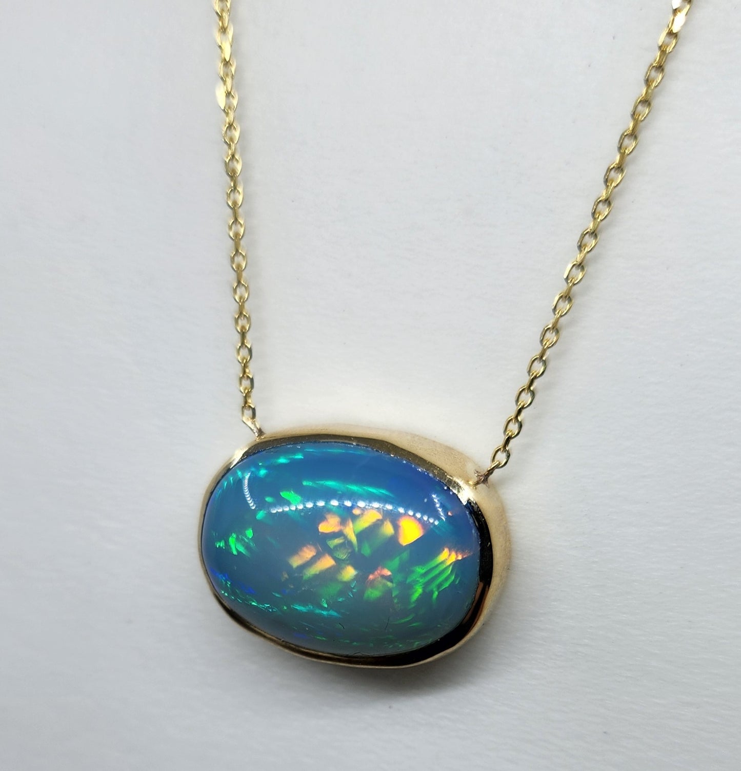 Blue Opal Pendant 14k Yellow Gold Split Chain Necklace #469