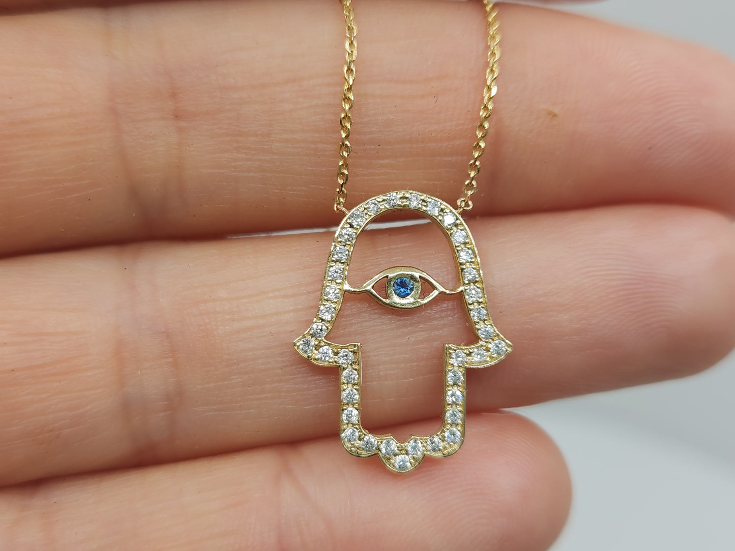 14k Gold Hamsa Evil Eye Diamond Pendant #485