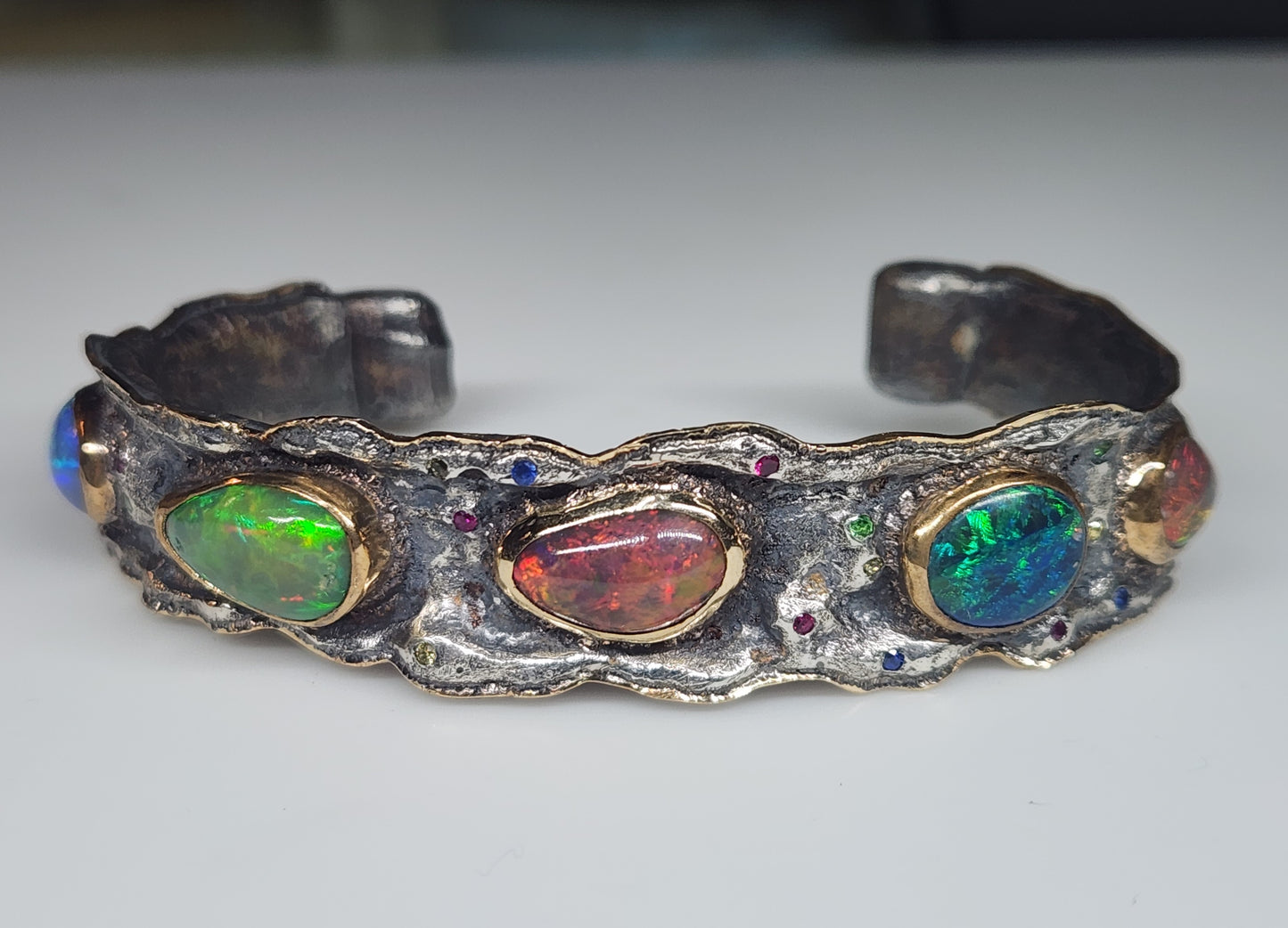 Rustic Silver & Gold Opal Gemstone Cuff Bracelet #586
