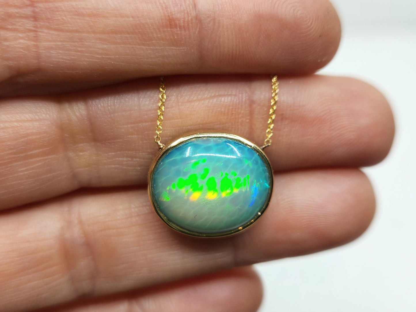 Blue Opal Pendant 14k Yellow Gold Split Chain Necklace #470