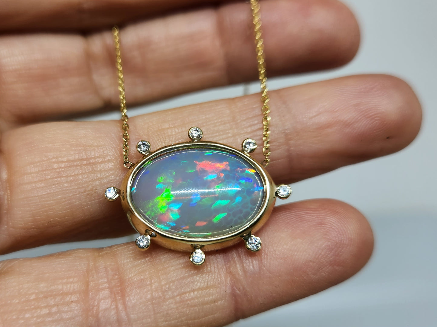 Opal & Diamond Pendant 14k Yellow Gold Split Chain Necklace #437