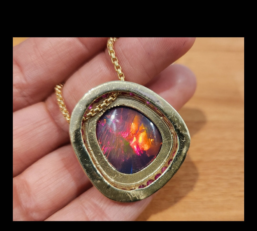 Black Opal & Ruby Pendant 14k Yellow Gold Necklace - Custom Order