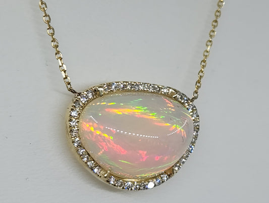 Opal & Diamond Pendant 14k Yellow Gold Split Chain Necklace #475