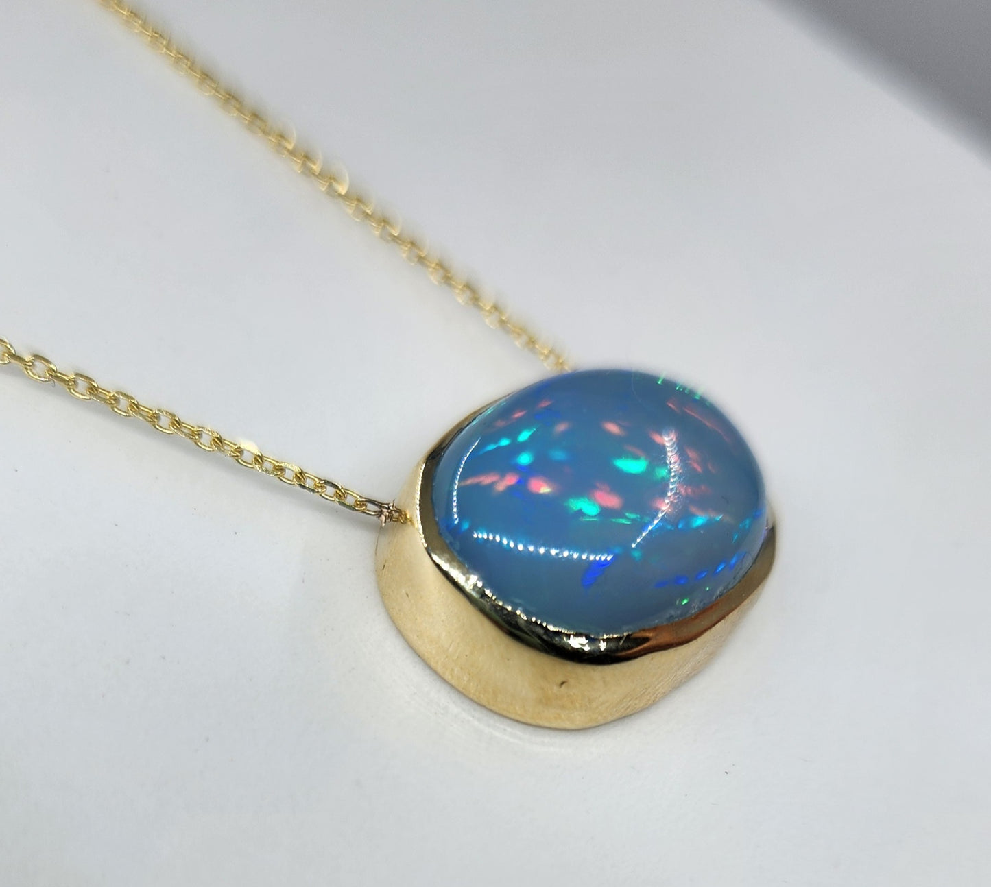 Blue Opal Pendant 14k Yellow Gold Split Chain Necklace #469