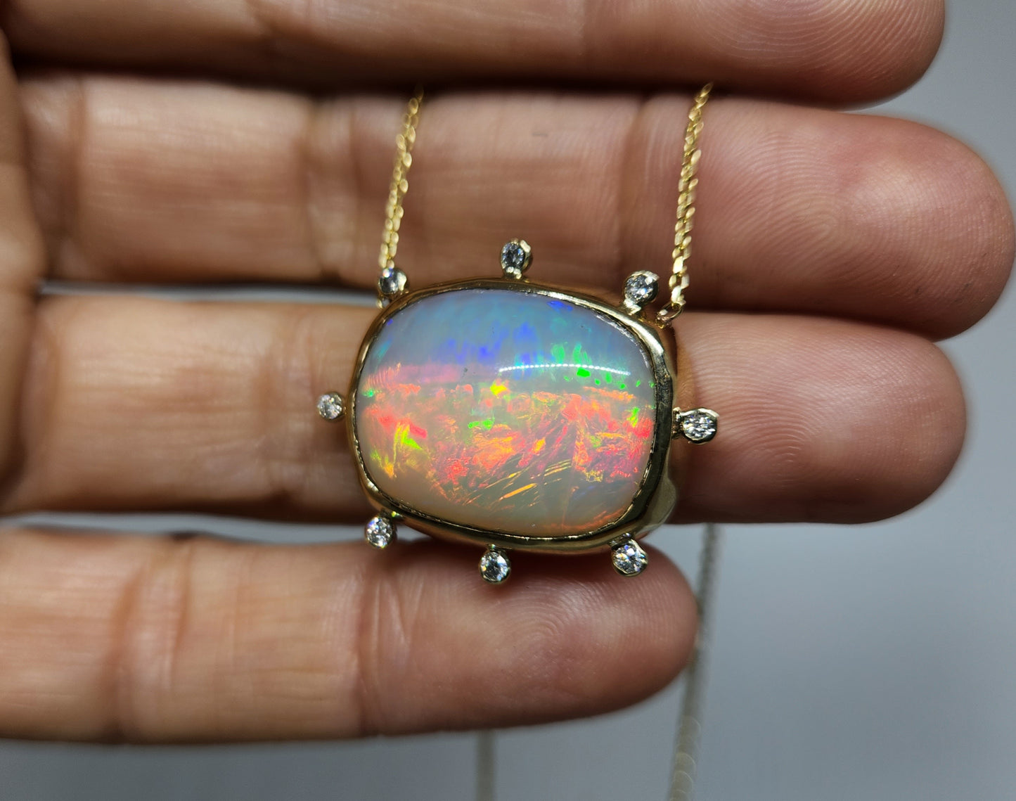 Opal & Diamond Pendant 14k Yellow Gold Split Chain Necklace #438