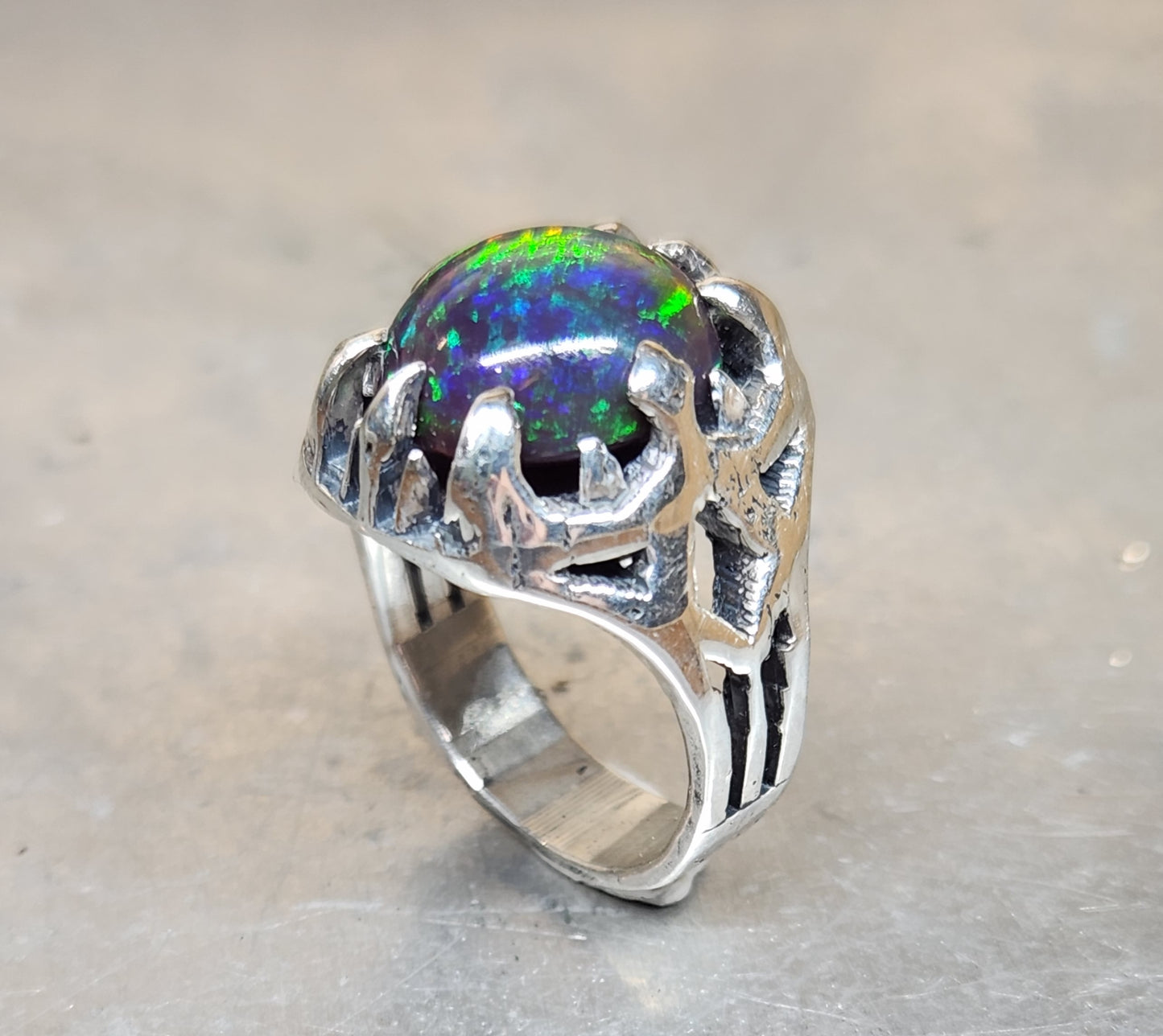 Opal Rustic Sterling Silver & Gold Ring #589