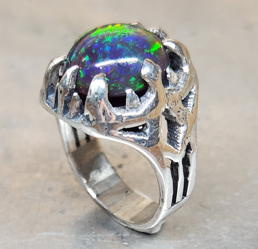 Opal Rustic Sterling Silver & Gold Ring #589