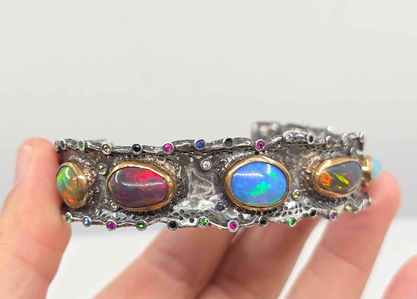 Rustic Silver & Gold Opal Gemstone Cuff Bracelet #601