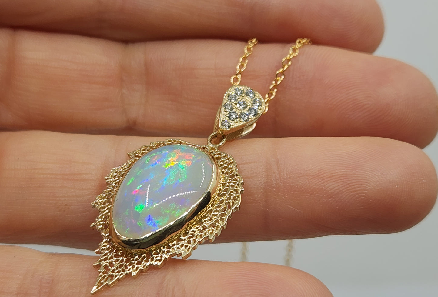 Natural Opal Leaf Pendant 14k Gold Necklace #476