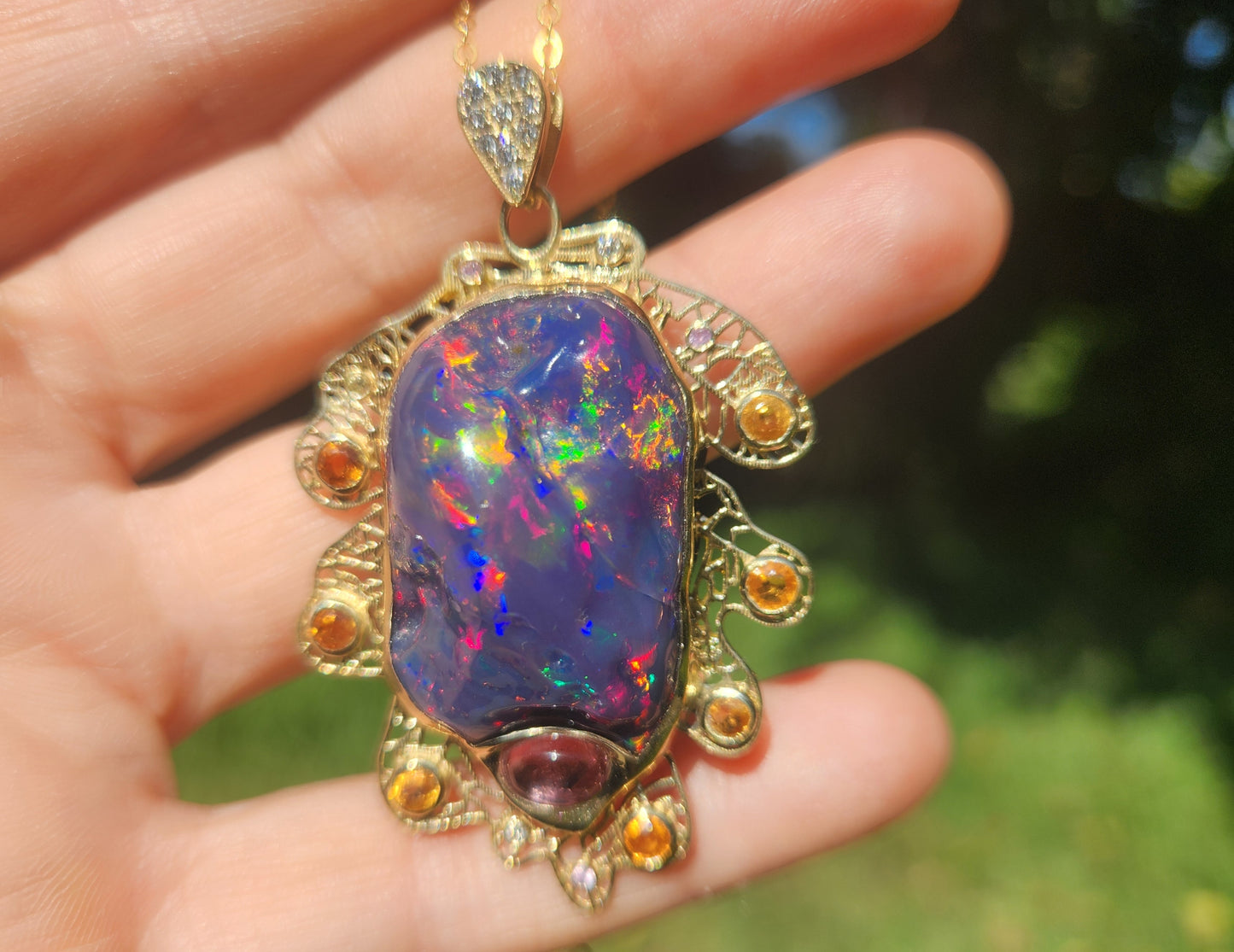 Carved Black Opal Oak Leaf Pendant 14k Gold Necklace #525