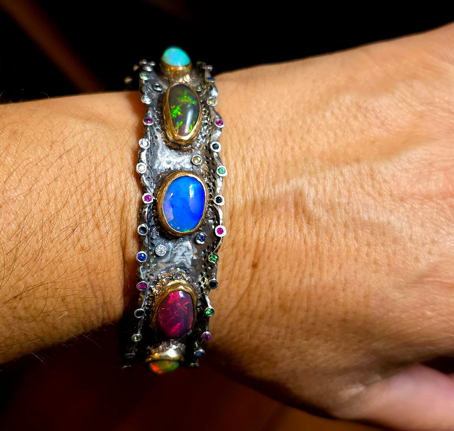 Rustic Silver & Gold Opal Gemstone Cuff Bracelet #601